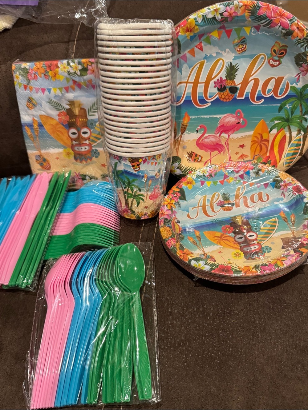 Aloha Tropical Party Dinnerware Set with Pink Flamingo & Green Accents